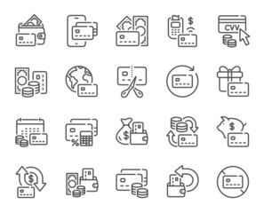 Credit card line icons. Payment card terminal, bankrupt and contactless pay set. Bank atm exchange, cut credit card and CVV code line icons. POS terminal, online bank payment, wallet. Vector