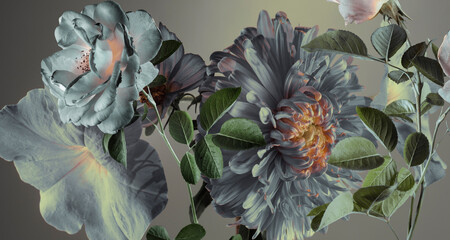 abstract gray flowers, petals and foliage on a gray background, botanical collage, studio shot.