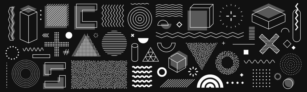 Set of editable vector creative geometric abstract elements for graphic design, printing and UI. Triangles, squares, circles and other simple shapes with editable stroke weight