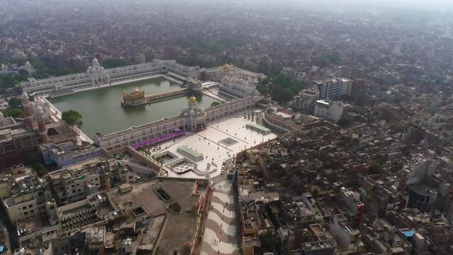 Aerial drone shot of Golden temple in Amritsar, Punjab.
Sikh religious place.