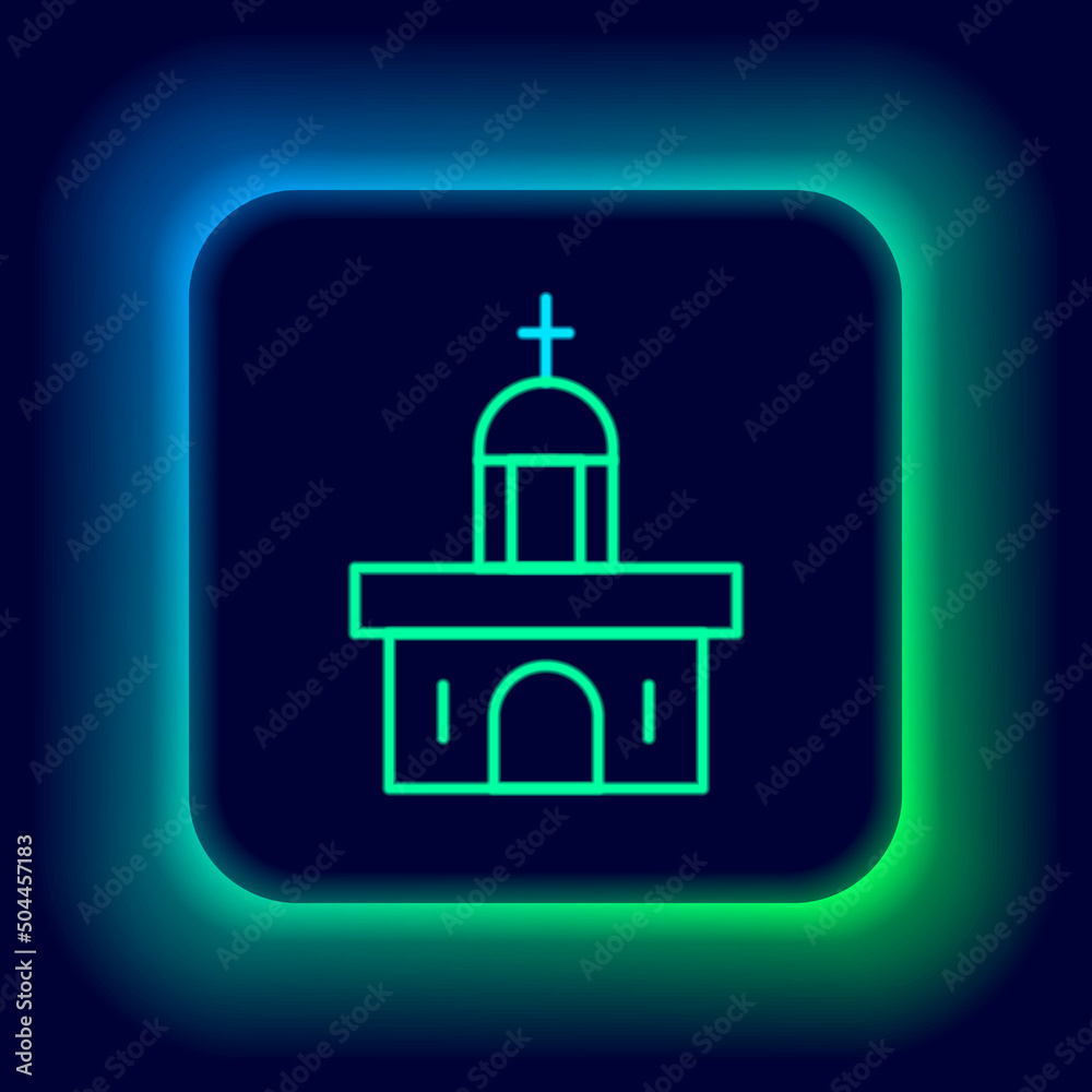 Sticker Glowing neon line Church building icon isolated on black background. Christian Church. Religion of church. Colorful outline concept. Vector