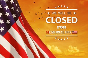 Memorial Day Background Design. American flag on a background of orange sky with flying birds at...