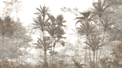 tropical trees and leaves wallpaper design in foggy forest - 3D illustration
- 504458307