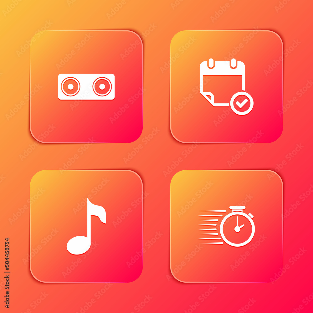 Sticker Set Stereo speaker, Calendar with check mark, Music note, tone and Stopwatch icon. Vector