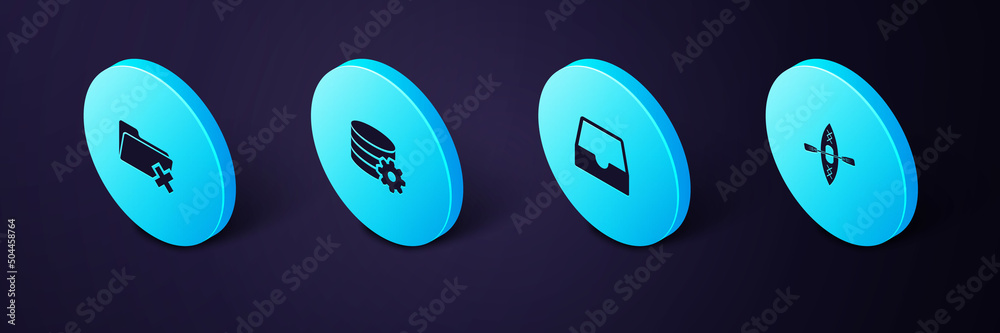 Poster set isometric kayak and paddle, social media inbox, setting database server and delete folder icon. 