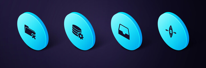 Set Isometric Kayak and paddle, Social media inbox, Setting database server and Delete folder icon. Vector