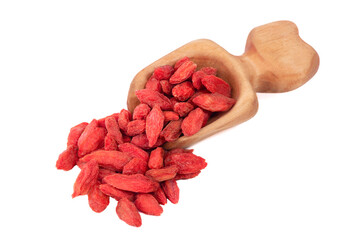 Goji berries isolated on white background. Red dry goji berries close up.