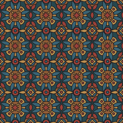 Vintage tile seamless pattern. Decorative flowers with black stroke on blue background