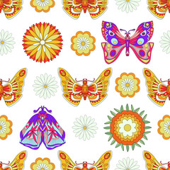 Seamless retro texture in 60s, 70s, 80s style. hippie era, psychedelic groovy elements. doodle picture hippie retro vintage. Floral pattern.