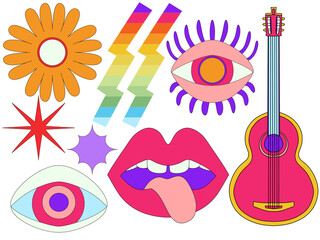Illustration set in 70s style, hippie era, psychedelic groovy elements. doodle picture hippie retro vintage 60s, 70s, 80s.