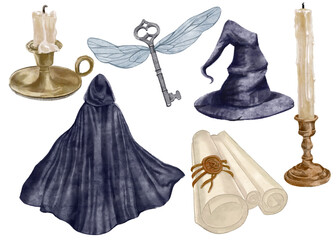 A set of watercolor illustrations with magical elements - crystal, sorcerer, raven, spell books, mushrooms. Mystical elements for alchemy. - 504459395