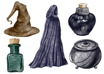 A set of watercolor illustrations with magical elements - crystal, sorcerer, raven, spell books, mushrooms. Mystical elements for alchemy.