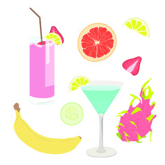 Vector image, set with berries, fruits, cocktails