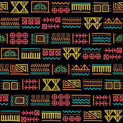 Mayan patchwork seamless pattern. Tribal geometric vector swatch. Zigzag background for cover design. Retro chevron line vector print. Navajo ornamental texture. Bright multicolor background - obrazy, fototapety, plakaty