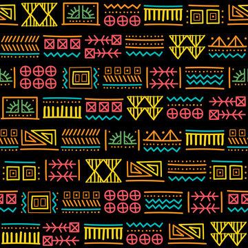 Mayan patchwork seamless pattern. Tribal geometric vector swatch. Zigzag background for cover design. Retro chevron line vector print. Navajo ornamental texture. Bright multicolor background