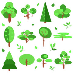 Flat trees nature eco foliage set. Forest tree nature plants isolated on white background. Simple icons cute vector of pine and deciduous trees. Oak, spruce, trunk, aspen, alder, poplar, chestnut.