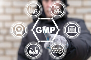 GMP Good Manufacturing Practice Standards Concept. Industrial Practices Quality Assurance...