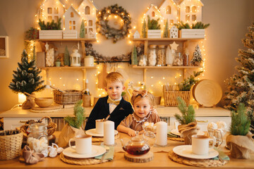 pretty little girl and boy at the kitchen table. christmas decor