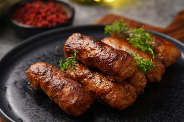 Traditional south european skinless sausages cevapcici made of ground meat and spices on black plate on dark wooden board, with thyme and watercress salad - obrazy, fototapety, plakaty