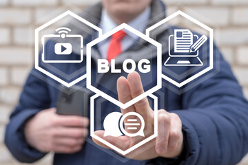 Blog and freelance concept. Blogging web service. Blogger content strategy, marketing, advertising network, subscribers. Web log. Video Blog, VLOG.