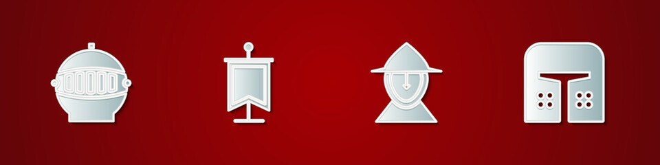 Set Medieval iron helmet, flag, and icon. Vector