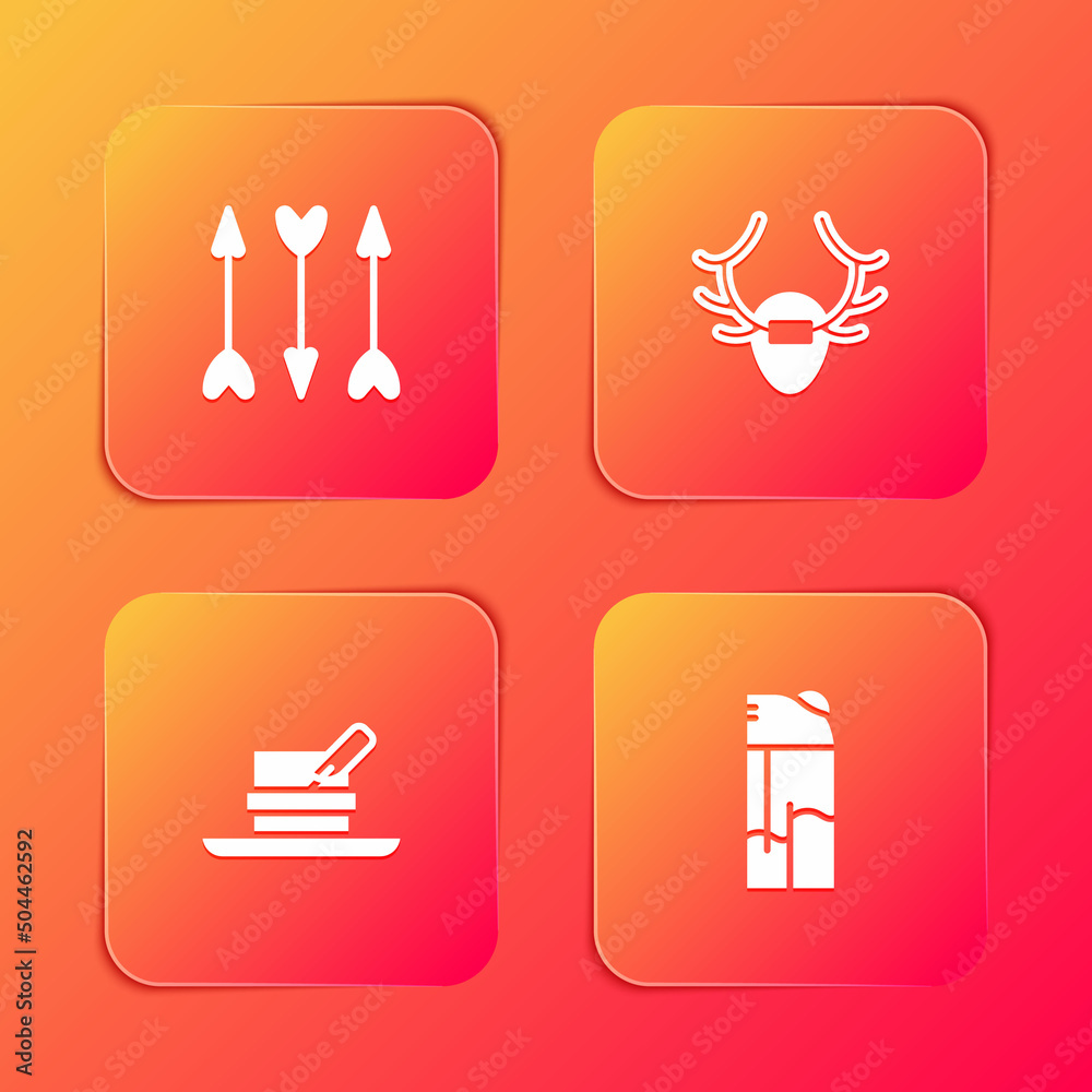 Poster set hipster arrows, deer antlers on shield, hunter hat with feather and lighter icon. vector