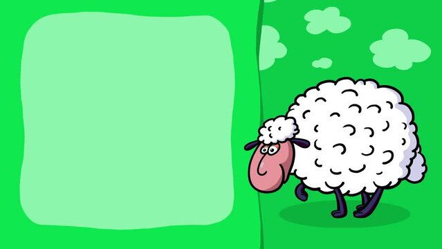 Cartoon character sheep farm village animal walking loop animation for titles. Cute intro frame included, seamless loop. 