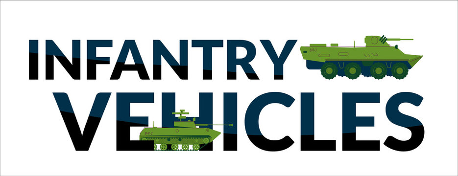 Text ainfantry vehicles and illustration of BTR and BMP, a series of types of weapons, ground forces. Vector illustration in cartoon style isolated on a white background.