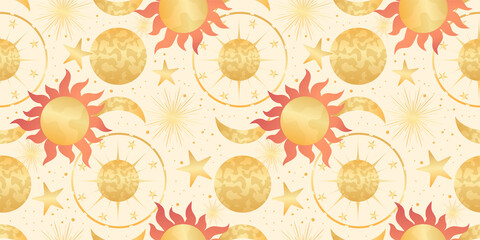Star celestial seamless pattern with sun and planet. Magical astrology in vintage boho style. Golden sun with rays and moon. Vector illustration. © Анжелика Полтавец