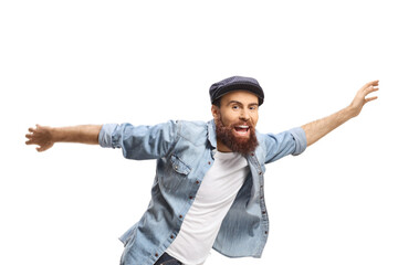 Bearded hipster guy in casual clothes falling