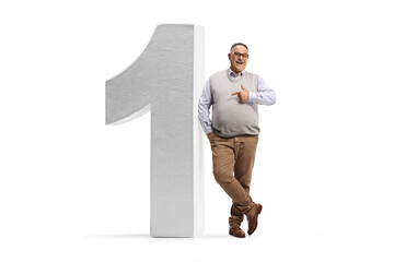 Full length portrait of a cheerful mature man pointing at a big number one