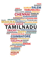 Tamilnadu map formed with Tamilnadu cities World cloud