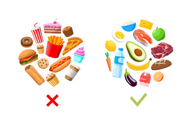 Healthy vs unhealthy food flat vector illustration. Eat healthily. Avoid Fast food. Junk food versus healthy food in circles. On white background