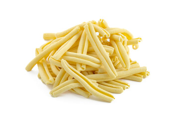 Fresh Italian casarecce pasta isolated on a white background
