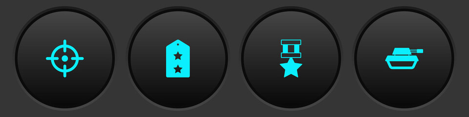 Set Target sport, Military rank, reward medal and tank icon. Vector