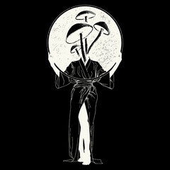 Vector hand drawn minimalistic illustration of woman with mushrooms. Creative artwork. Template for card, poster, banner, print for t-shirt, pin, badge, patch.