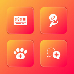 Set Bank check, Donation and charity, Veterinary clinic and Dialogue with doctor icon. Vector