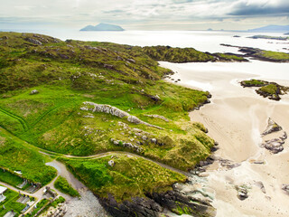 Abbey Island, the idyllic patch of land in Derrynane Historic Park, famous for ruins of Derrynane Abbey and cementery, County Kerry, Ireland - obrazy, fototapety, plakaty