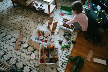 boxes of ornaments on floor 