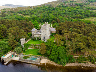 Fototapeta na wymiar Aerial view of Glenveagh Castle, a large castellated mansion located in Glenveagh National Park.