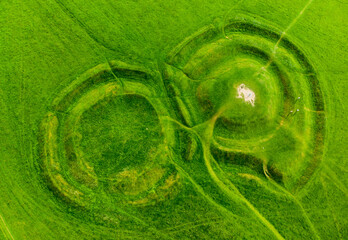 Aerial view of the Hill of Tara, an archaeological complex, containing a number of ancient...
