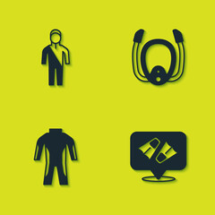 Set Wetsuit for scuba diving, Flippers swimming, and Diving mask with snorkel icon. Vector