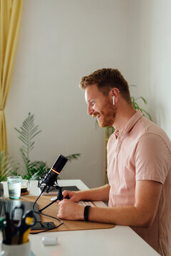 Young Man Running A Live Podcast