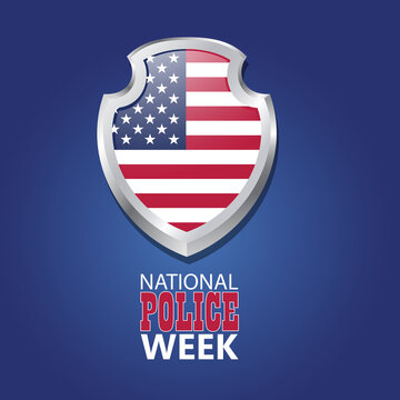 National Police Week in May. Celebrated annual in United States. In honor of the police hero. Police badge and patriotic elements. Officers Memorial Day. Poster, card, banner. EPS10 vector.