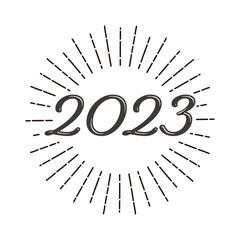 2023 シンプルなロゴ風の立体的な文字と太陽フレーム　白黒
