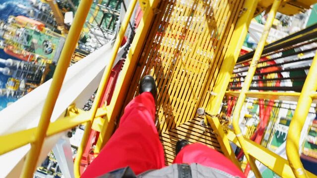 Legs in coveralls go on suspended track. Working at height. First-person view. Down from Derrick. Cables swing