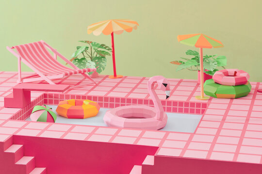 Swimming pool with chaise lounges, umbrella, inflatable flamingo
