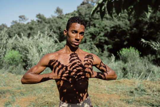 Portrait of expressive male dancer in nature with tree shadows 