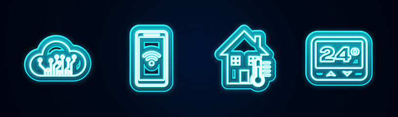 Set line Internet of things, Mobile with wi-fi wireless, House temperature and Thermostat. Glowing neon icon. Vector