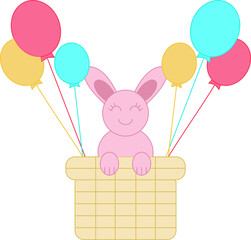 Adorable bunny on a basket with balloons